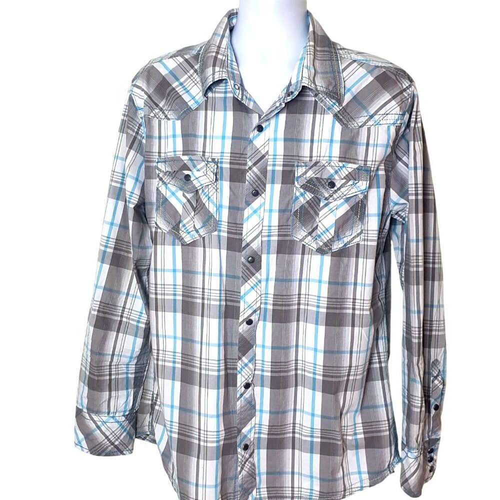 BKE Mens Snap Button Shirt XL Blue Gray Plaid Western StdFit LS Preppy Cowboy
